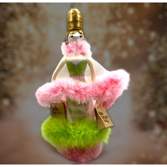 Bloomingdales Woman w/Beehive & Pink Boa Shopper Big Brown Bag Glass Ornament - Picture 1 of 12
